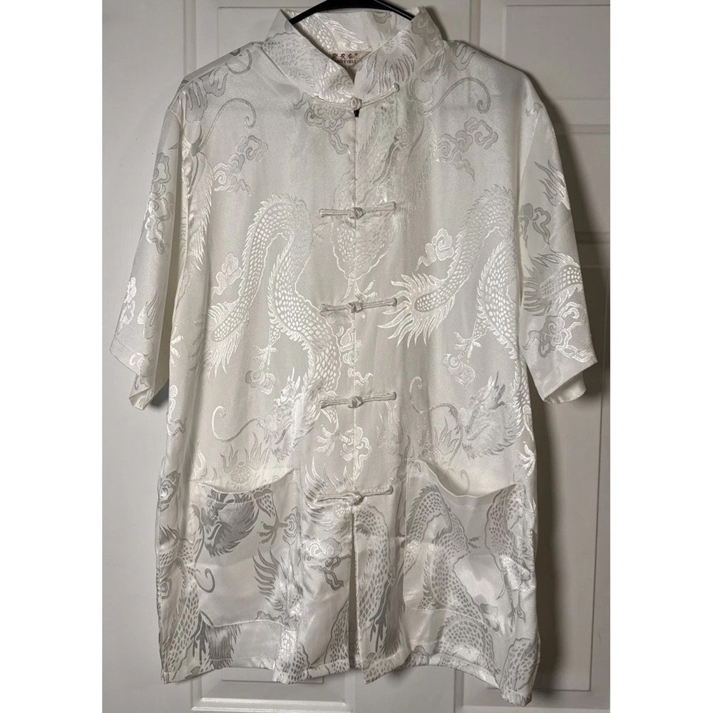 Tangyihui Men's XL White Dragon Jacquard Tang Shirt Chinese Frog Closure